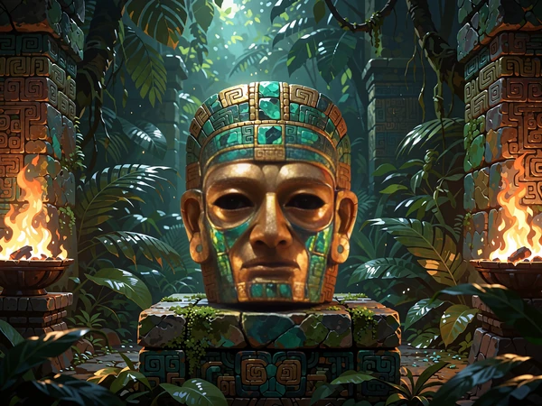 Złota maska grobowa z jadeitowymi inkrustacjami na kamiennym cokole - slot Legacy of Dead