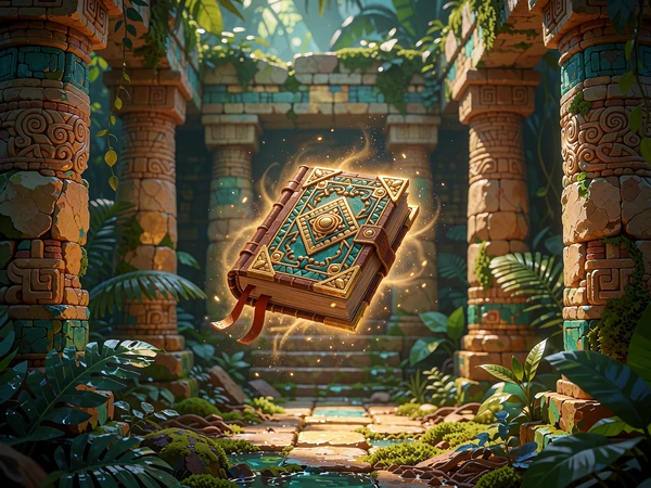 Złota księga przyg&oacute;d unosząca się w kolumnowej sali świątyni - slot Book of Dead w Tikal Casino
