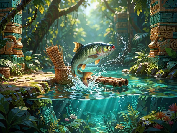Srebrzysta ryba wyskakująca z turkusowej wody przy brzegu dżungli - slot Big Bass Bonanza