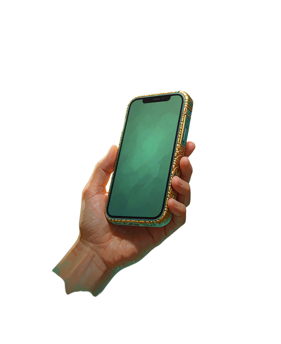 Dłoń trzymająca smartfon ze złotym zdobieniem i świecącym turkusowo ekranem - gra mobilna w Tikal Casino